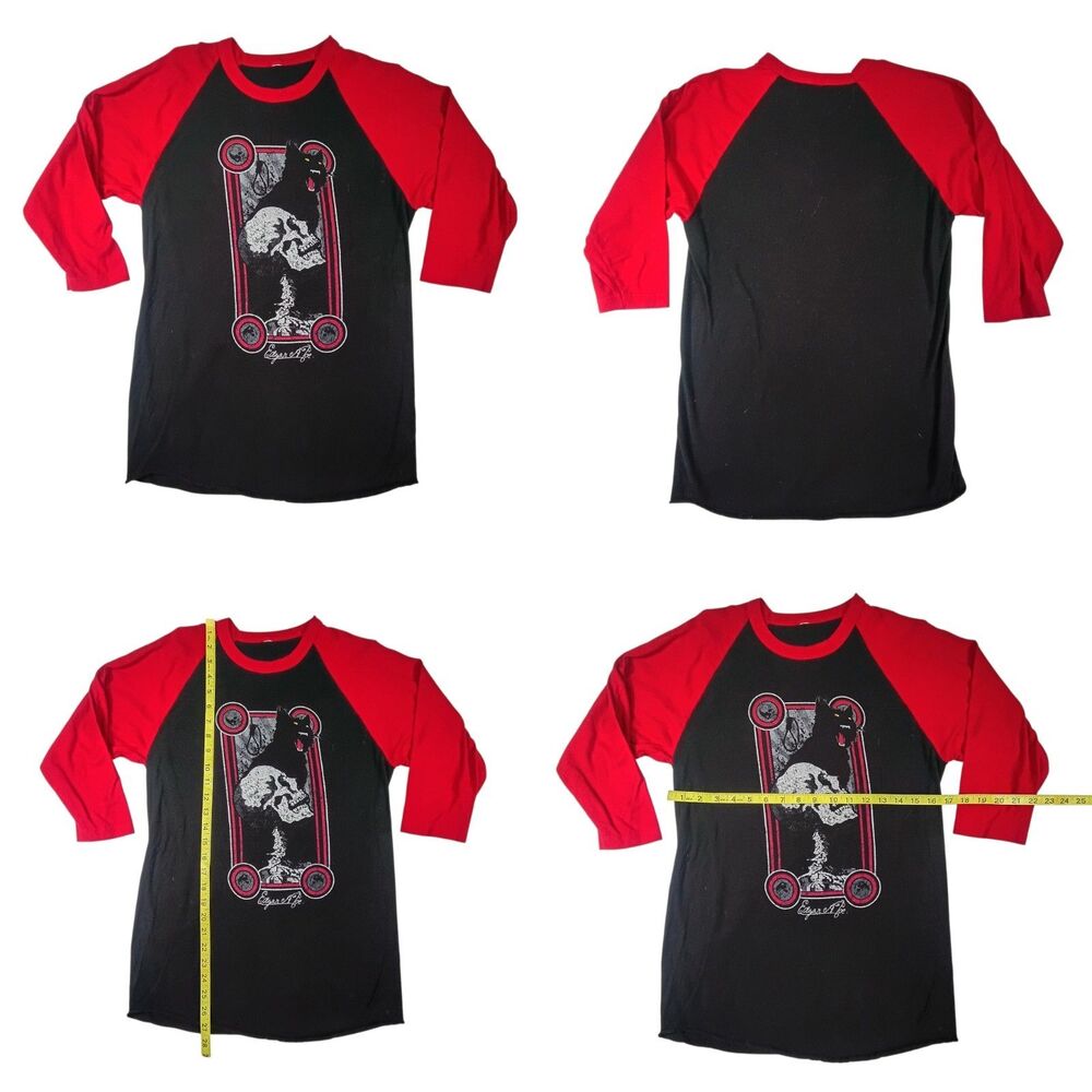 Tultex Edgar Allen Poe Black/Red Raglan 3/4 Sleeve Skull Cat T-Shirt Womens Sm
